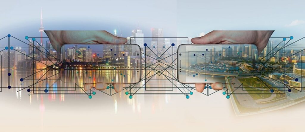 Picture of an electronic graphic showing mobile phones and building